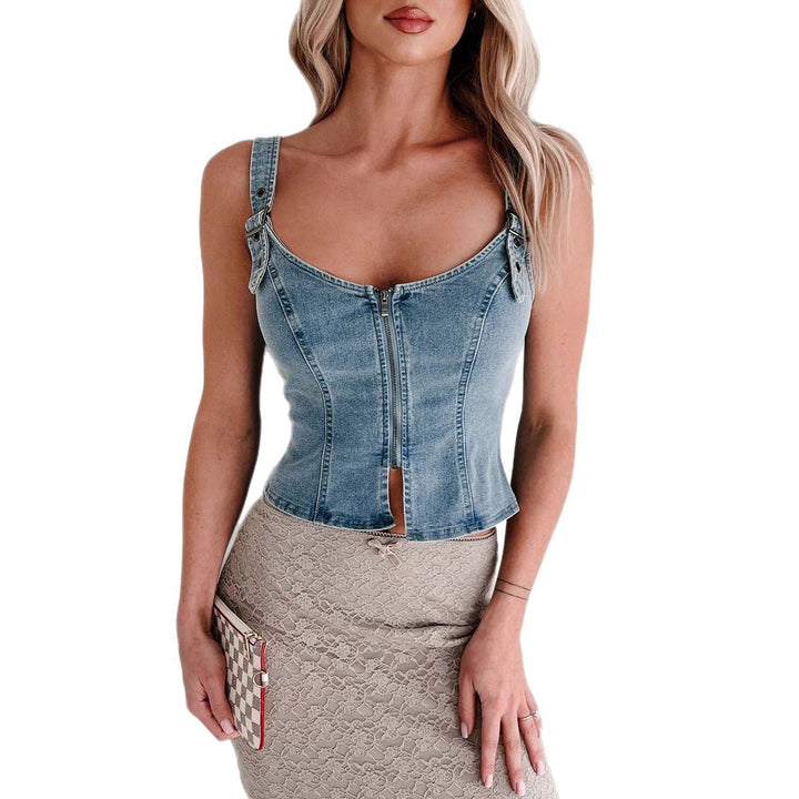 Damen Denim-Corsage mit Reißverschluss und verstellbaren Trägern Drune