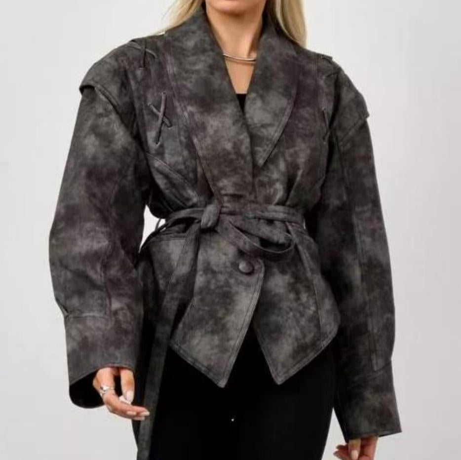 Damen elegante Wickeljacke aus Kunstleder mit dekorativen Details Drune