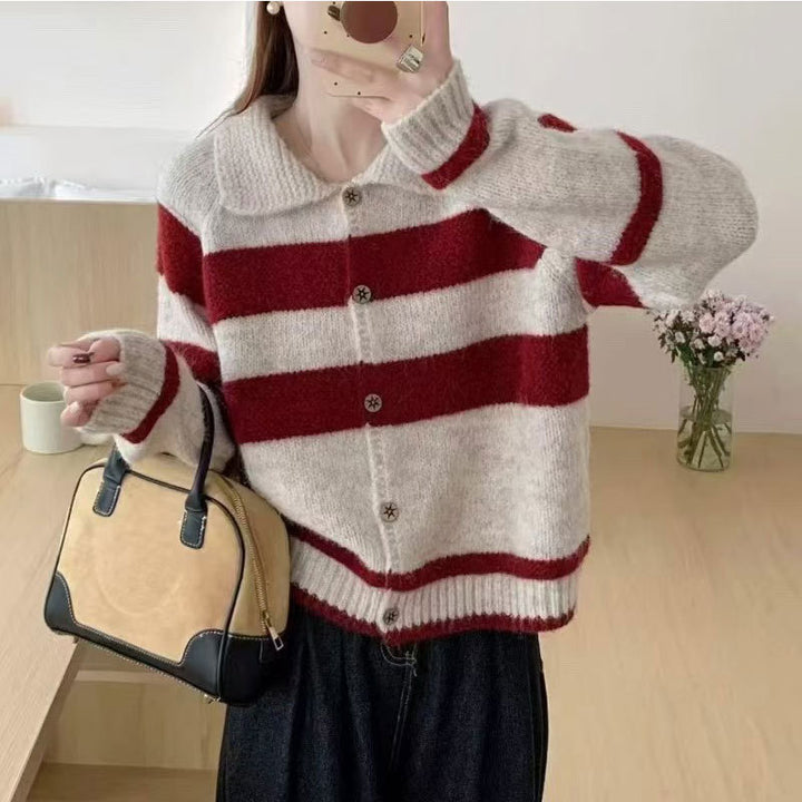 Damen kuschelige Strickjacke mit kontrastierenden Streifen und weich gestricktem Material Drune