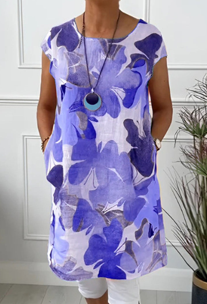 Damen nan luftiges Tunika-Midikleid aus Leinenmix mit Aquarellblütenprint und Seitentaschen Drune