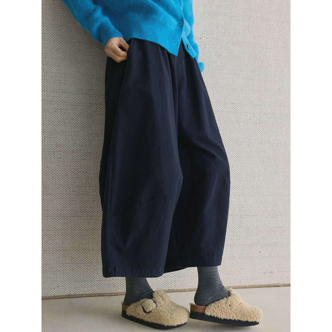Damen Weite Culotte-Hose aus Baumwollmix mit hohem Elastbund und Bundknopf Drune