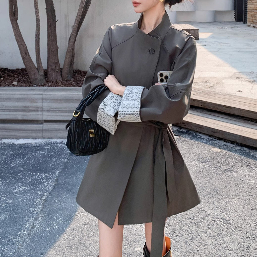 Damen Eleganter Trenchcoat mit Taillengürtel und Kontrastärmel Drune