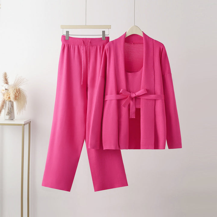Damen gemütliches Freizeit-Loungewear-Set mit Bindegürtel und weitgeschnittenen Hosen Drune