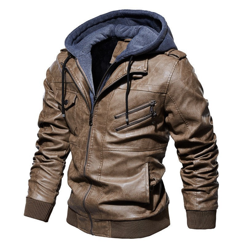 Herren modische Lederjacke mit Kapuze und Innenfleece Drune