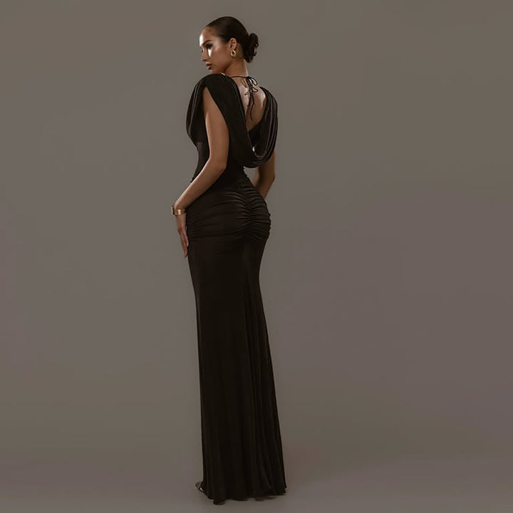 Damen Elegantes Maxikleid mit tiefem V-Ausschnitt und raffinierten Drapierungen Drune