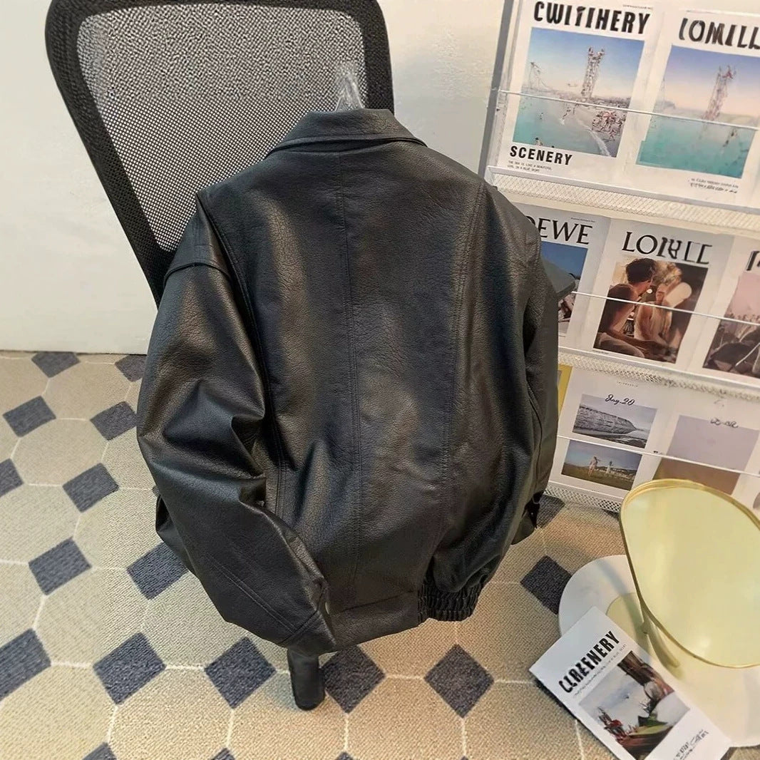 Damen Modische Kunstlederjacke mit hohem Kragen Drune
