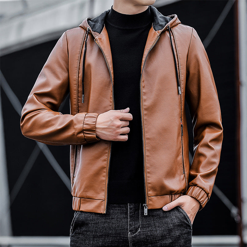 Herren Kapuzen‑Lederblouson im urbanen Minimalstil mit Fleece‑Innenfutter und Reißverschlusstaschen Drune