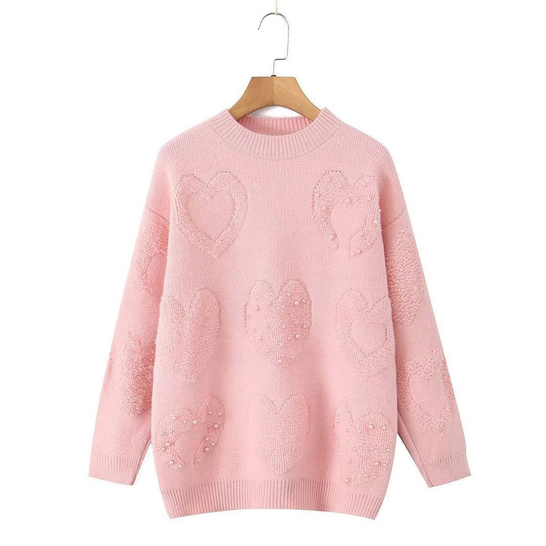 Damen Gemütlicher Strickpullover mit Herzmotiven Drune