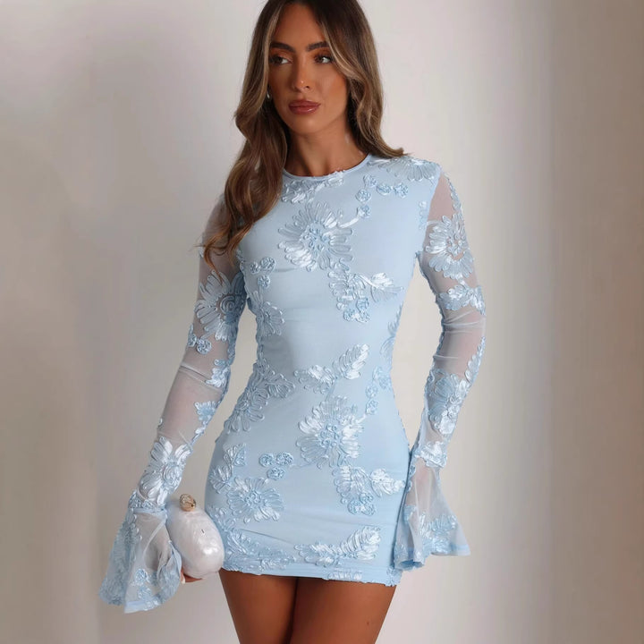 Damen Figurnahes Spitzenkleid mit floralen Applikationen und langen Ärmeln Drune