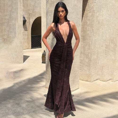 Damen Elegantes Maxikleid mit tiefem V-Ausschnitt und strukturierter Raffung Drune