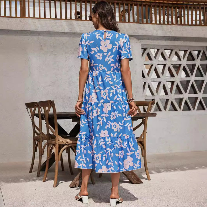 Damen nan luftiges Stufenmidikleid mit hoher Taillennaht, kurzem Ärmel und durchgehendem Blumenmuster Drune
