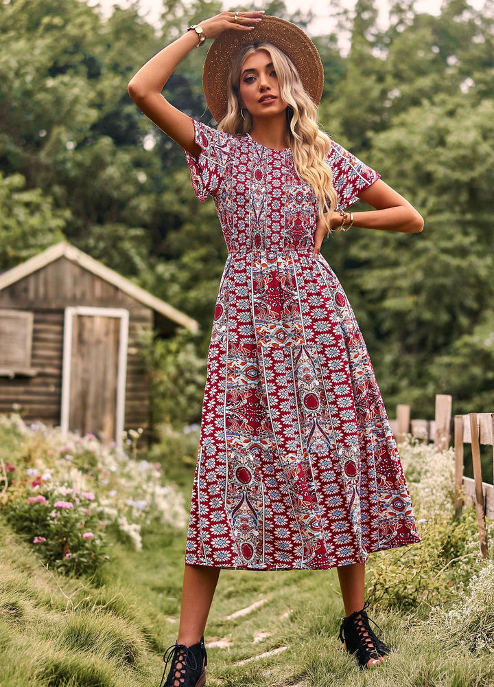Damen Maxikleid mit floralem Muster und elastischem Tailleneinsatz Drune