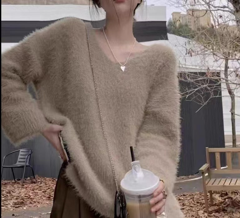 Damen flauschiger Pullover mit tiefem V-Ausschnitt und weiten Ärmeln Drune