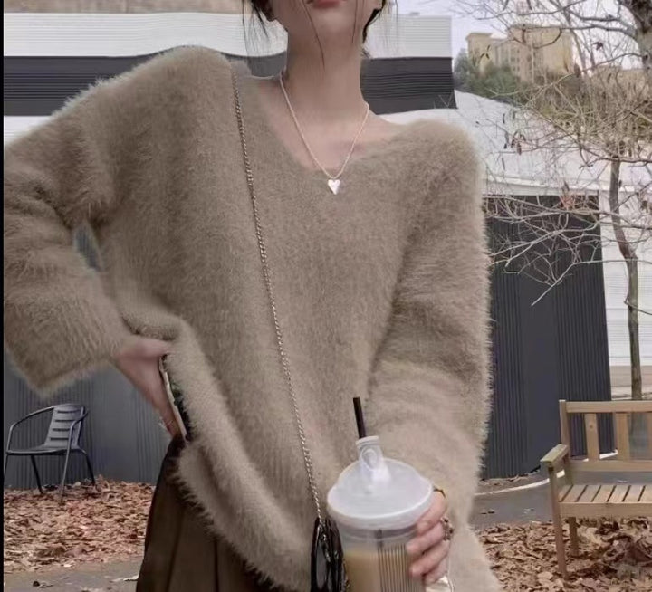 Damen flauschiger Pullover mit tiefem V-Ausschnitt und weiten Ärmeln Drune