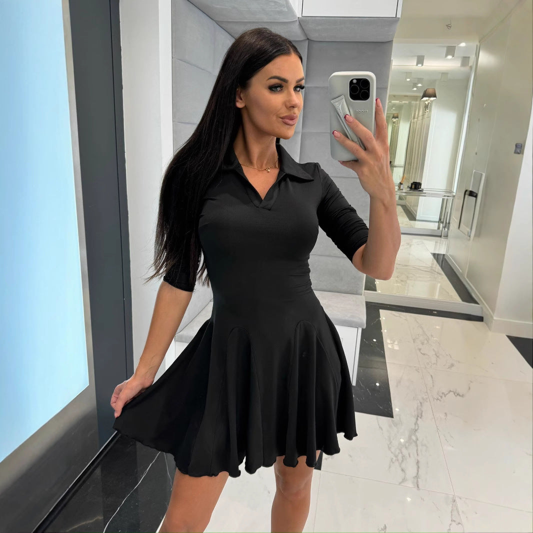 Damen Sportliches Polo-Kleid mit schwingendem Rock und langen Ärmeln Drune