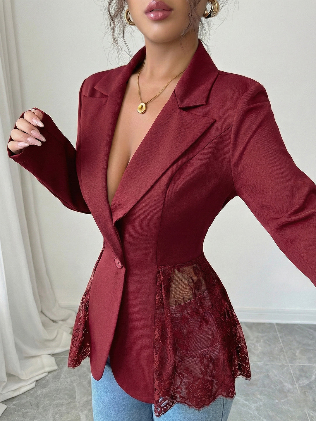 Damen nan taillierter Blazer mit Spitzenbesatz und tiefem V-Ausschnitt Drune