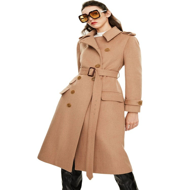 Damen taillierter A‑Linien Trenchcoat aus Woll‑Kaschmirmix mit Taillengürtel und Patten Drune