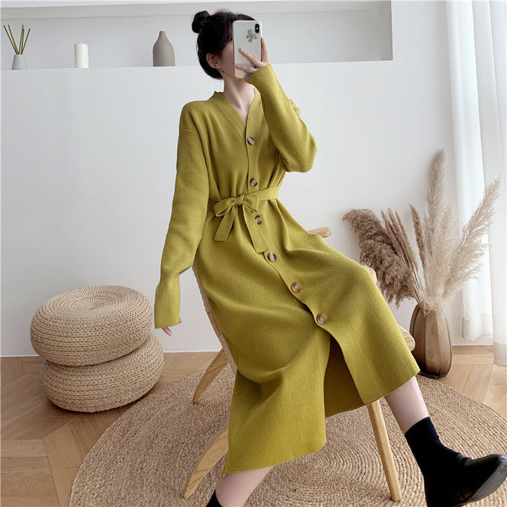 Damen Knielanges Strickkleid mit Knöpfen und Gürtel Drune