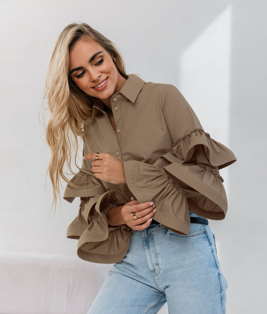 Damen Bluse mit voluminösen Rüschendetails und klassischem Kragen Drune