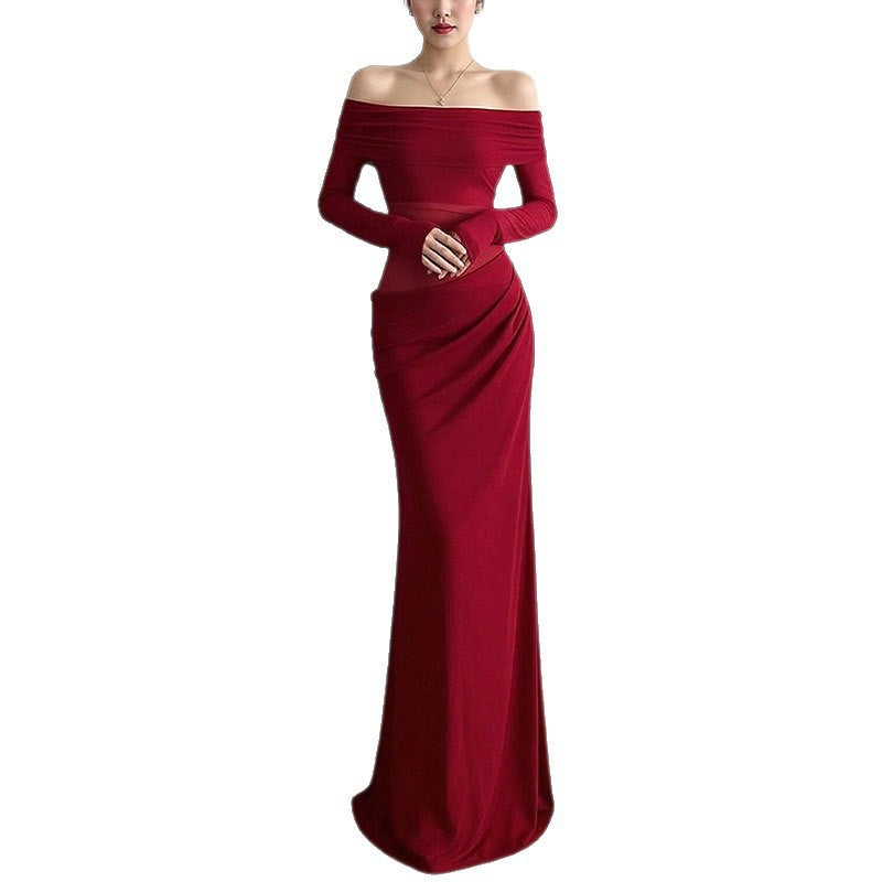 Damen Elegantes Off-Shoulder Maxikleid mit Rüschendetails und langem Arm Drune