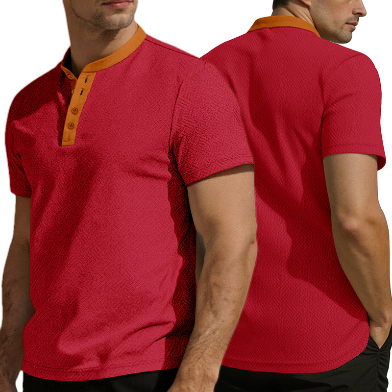 Herren nan schlankes Kurzarm-Henley-Poloshirt mit Mandarin-Kragen und feiner Jacquardstruktur Drune