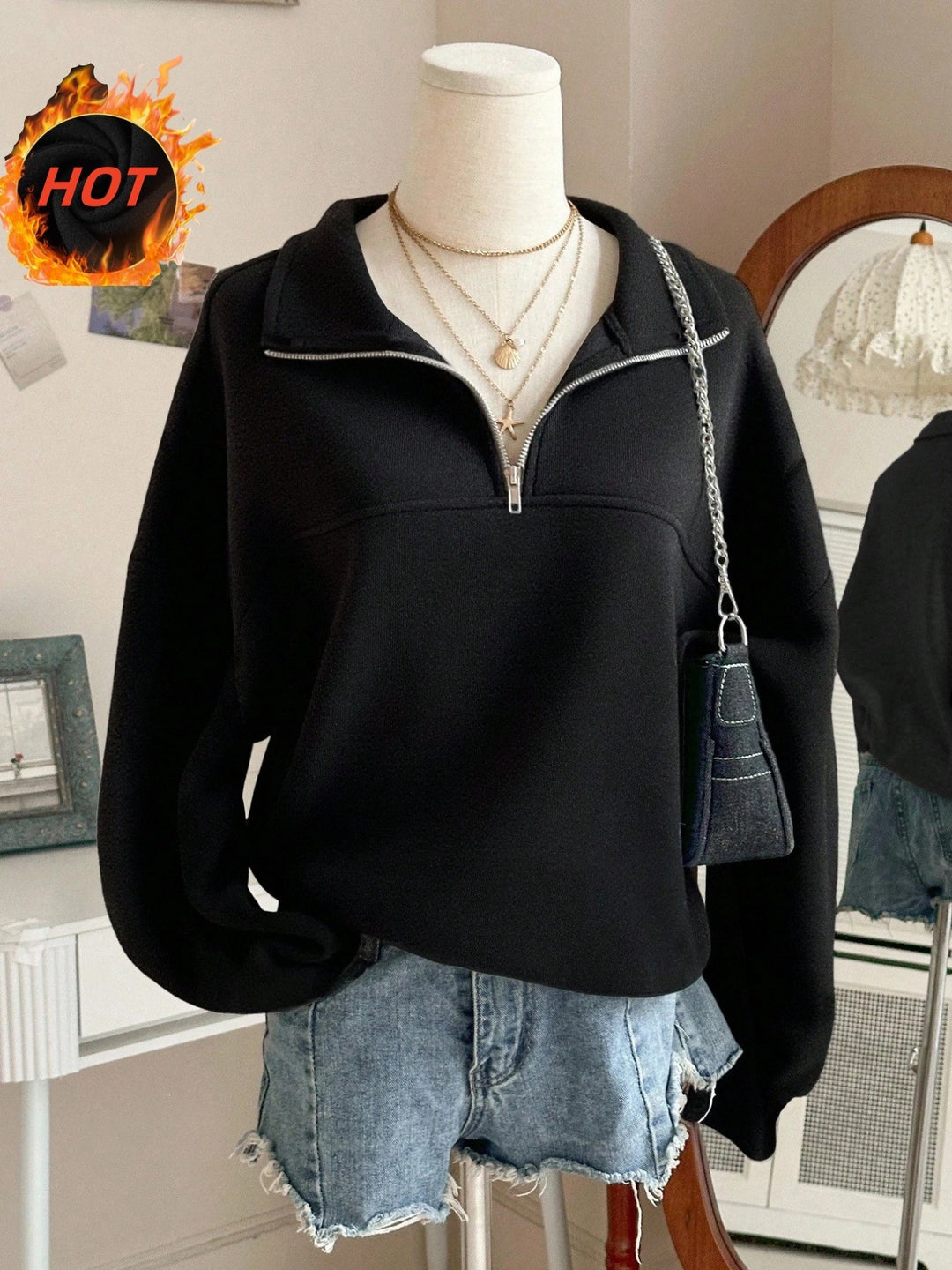 Damen nan Oversize Sweatshirt mit halbem Reißverschluss, Stehkragen und Ballonärmeln Drune