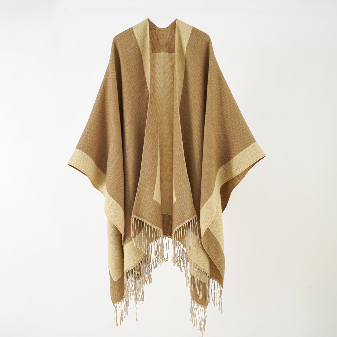 Damen Ruana‑Poncho mit Fransensaum und Fischgrät‑Webstruktur Drune