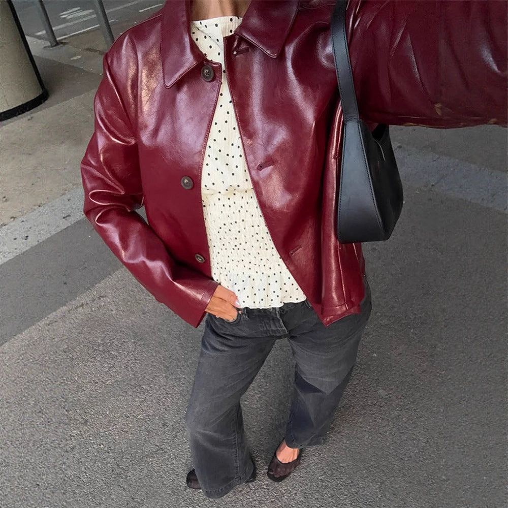 Damen Boxy-Kunstlederjacke mit Hemdkragen und geradem Cropped-Schnitt Drune