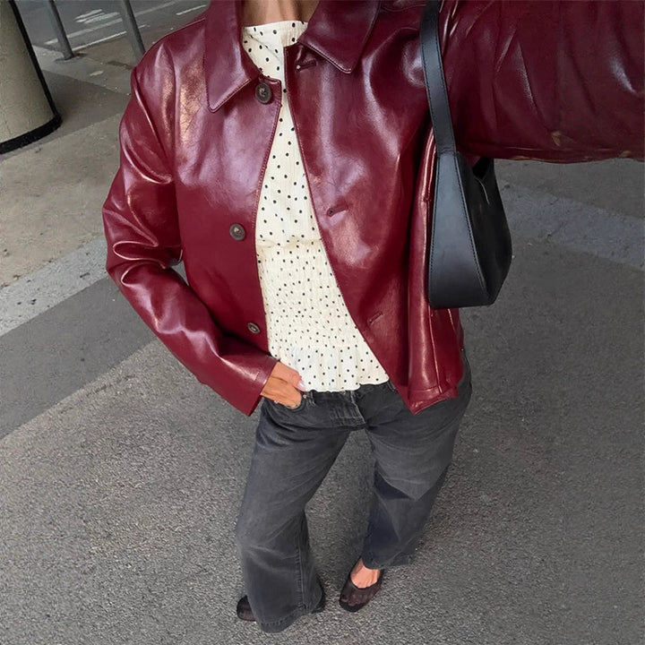 Damen Boxy-Kunstlederjacke mit Hemdkragen und geradem Cropped-Schnitt Drune