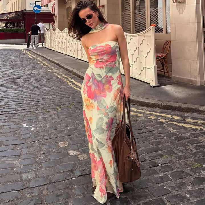 Damen Elegantes Maxikleid mit floralem Muster und schicker Rückenschnürung Drune