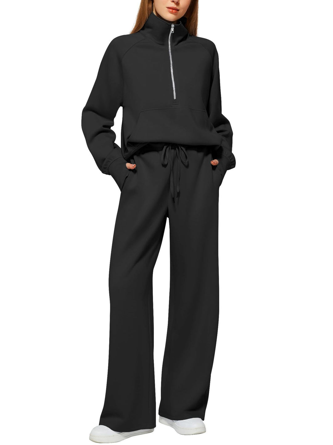 Damen nan halbzip Lounge-Set mit hohem Stehkragen, Kängurutasche und weiten Highwaist-Jogginghose Drune