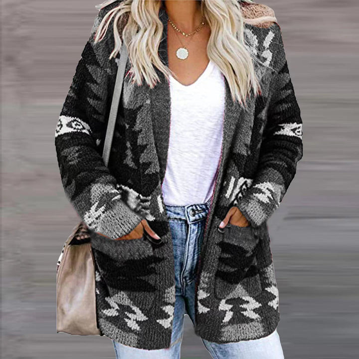Damen stilvolle Strickjacke mit asymmetrischem Muster und aufgesetzten Taschen Drune