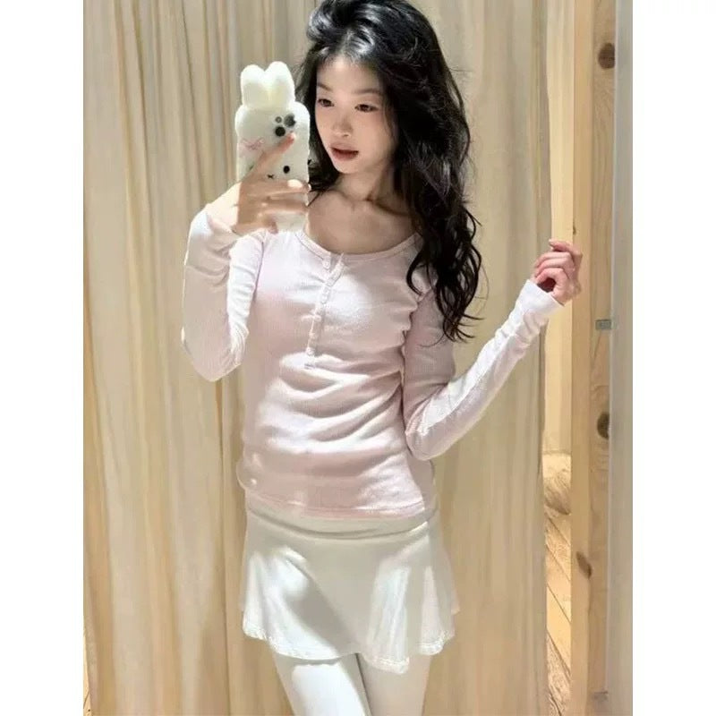 Damen Langarmshirt mit Knopfleiste und feiner Rippstruktur Drune