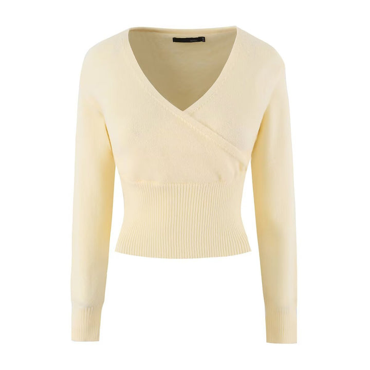 Damen Feines Wickel-Stricktop mit tailliertem Rippbund Drune