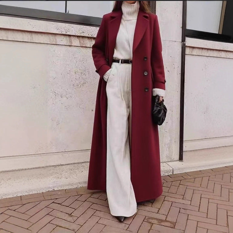 Damen Langer doppeltreihiger Wollmantel mit Reverskragen und taillierter Silhouette Drune