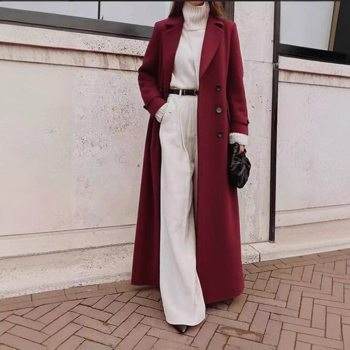 Damen Langer doppeltreihiger Wollmantel mit Reverskragen und taillierter Silhouette Drune