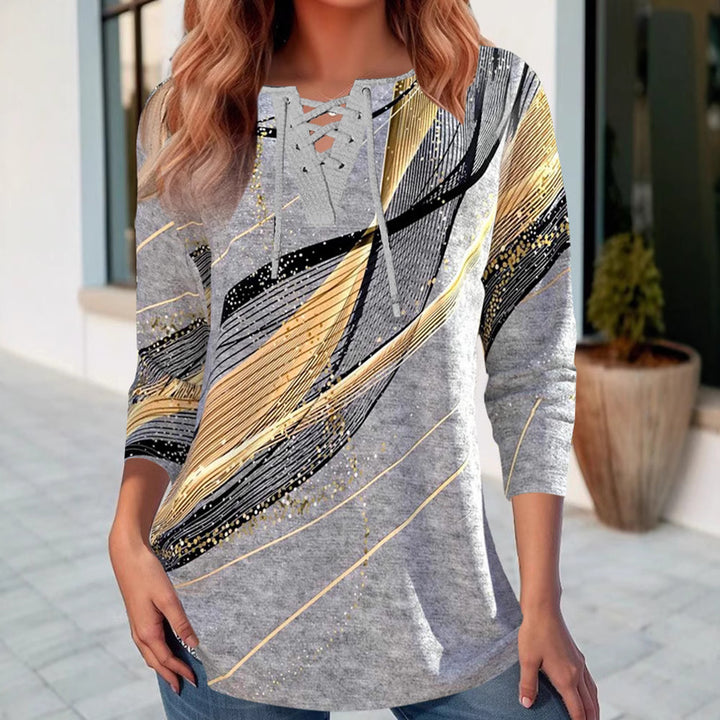 Damen nan Schnürkragen-Longshirt mit dreiviertel-Ärmeln und grafischem Metallic-Print Drune
