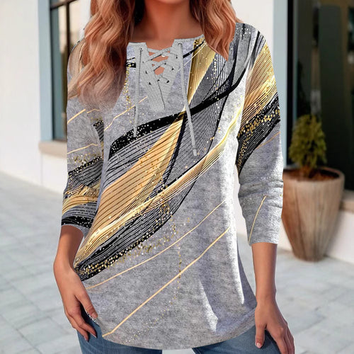 Damen nan Schnürkragen-Longshirt mit dreiviertel-Ärmeln und grafischem Metallic-Print Drune