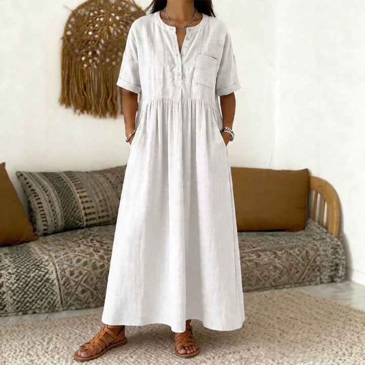 Damen Langes Boho‑Maxikleid mit Henley‑Knopfleiste, Brusttasche und seitlichen Eingrifftaschen Drune