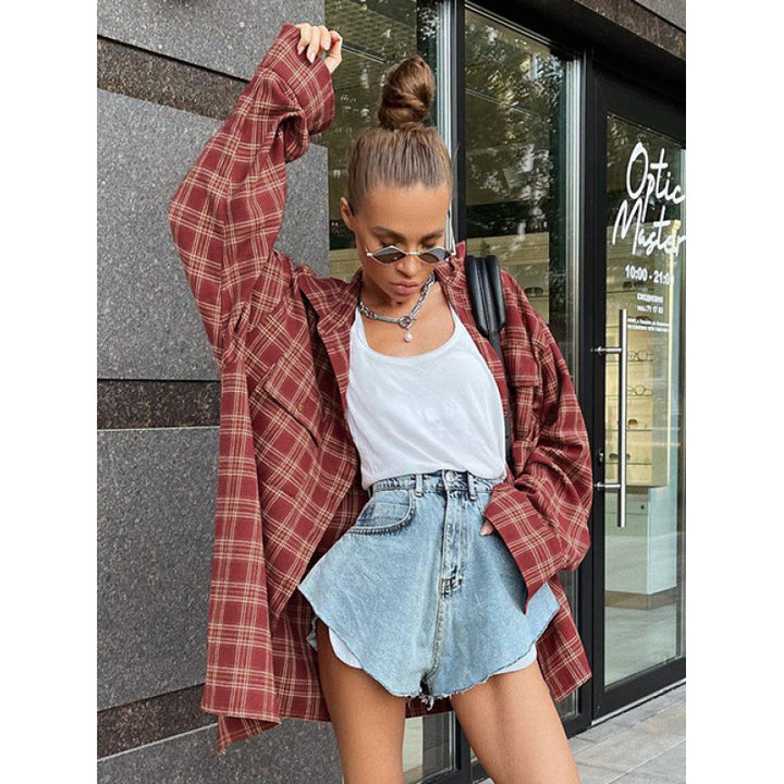 Damen kariertes Oversized-Hemd aus Baumwolle