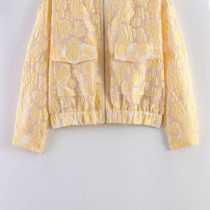 Damen 20+ Cropped Bomberjacke mit floraler Jacquardstruktur, Stehkragen und aufgesetzten Pattentaschen Drune