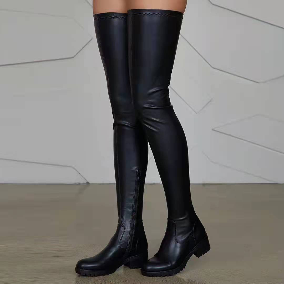Damen Overknee-Stiefel aus Stretch-Kunstleder mit seitlichem Reißverschluss und robuster Profilsohle Drune