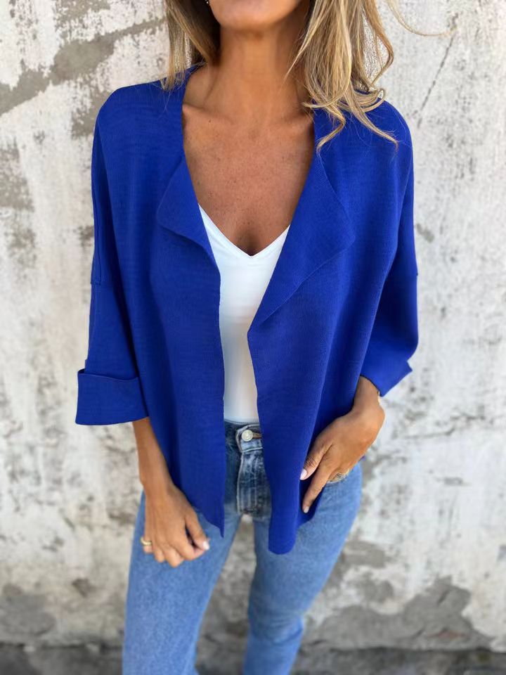 Damen nan legerer offener Strickcardigan mit Schalkragen krempelbaren Ärmeln und kastiger Silhouette Drune