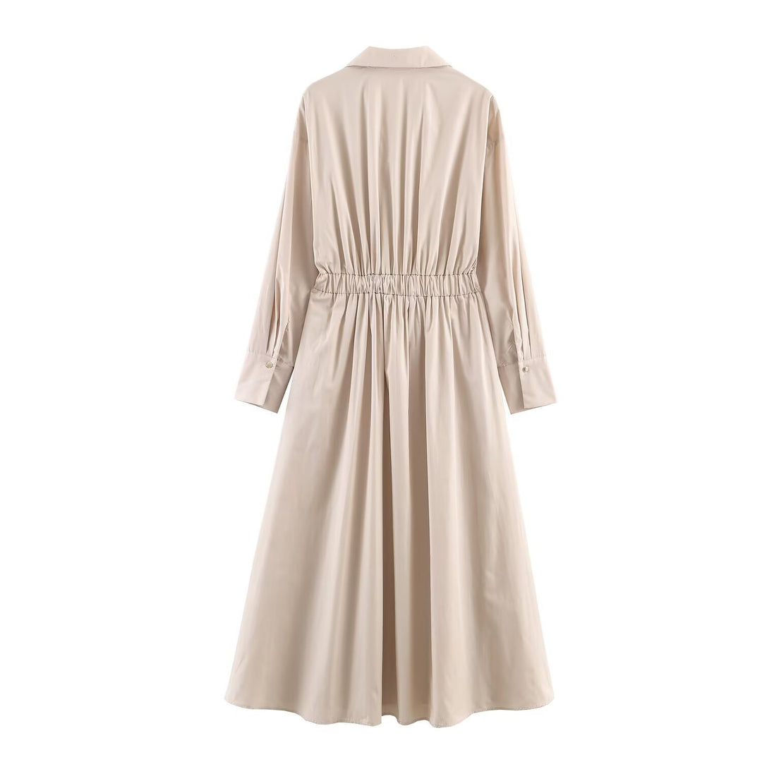 Damen Langärmeliges Hemdblusenkleid mit weitem Faltenrock und Taillengürtel Drune