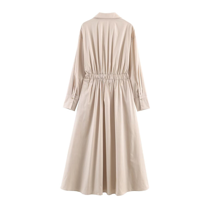 Damen Langärmeliges Hemdblusenkleid mit weitem Faltenrock und Taillengürtel Drune