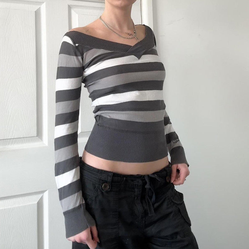 Damen Taillierter Feinstrick-Pullover mit breiten Blockstreifen und V-Ausschnitt Drune