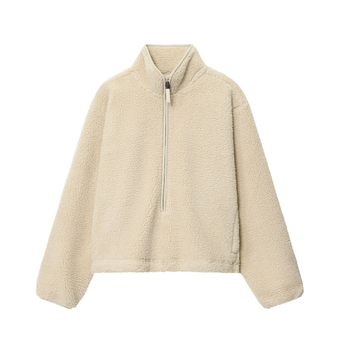 Damen nan kuscheliger Teddy-Fleece Half-Zip Pullover mit Känguru-Tasche Drune
