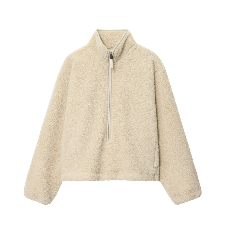 Damen nan kuscheliger Teddy-Fleece Half-Zip Pullover mit Känguru-Tasche Drune