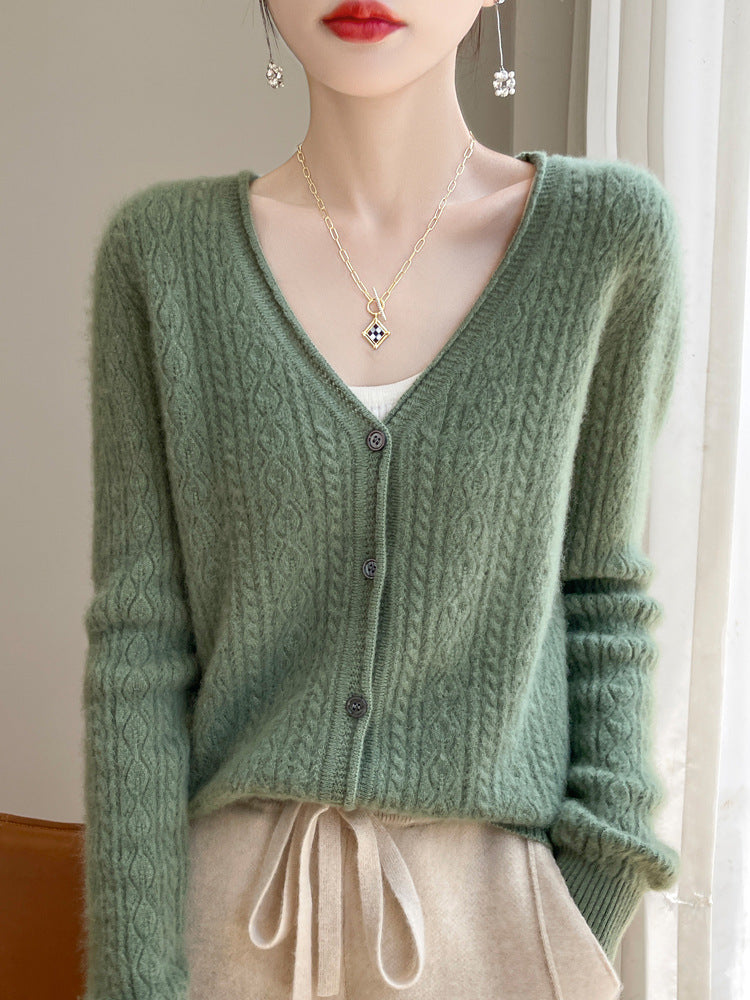 Damen Kurzer Zopfmuster-Cardigan im Mohair-Look mit V‑Ausschnitt und gerippten Bündchen Drune