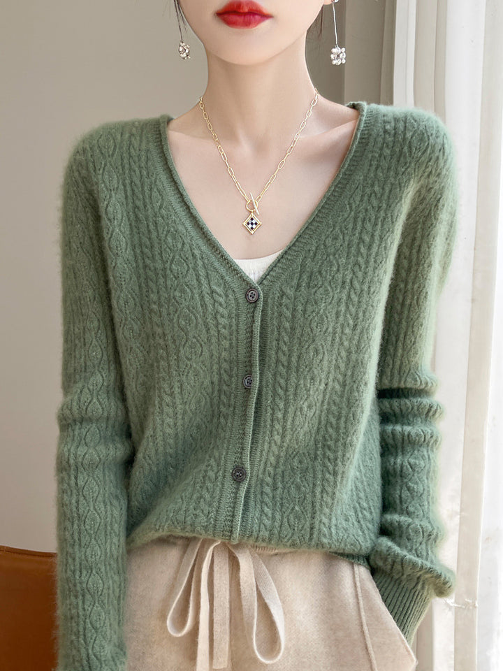 Damen Kurzer Zopfmuster-Cardigan im Mohair-Look mit V‑Ausschnitt und gerippten Bündchen Drune